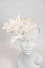 Load image into Gallery viewer, Ivory floral fascinator with large butterflies and crystal embellishments