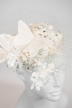 Load image into Gallery viewer, Ivory floral fascinator with large butterflies and crystal embellishments